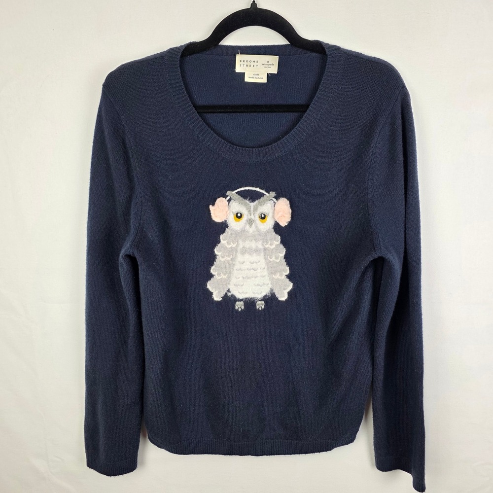Kate Spade Broome Street Owl Earmuff Sweater Navy Wool Blend Pullover Womens M
